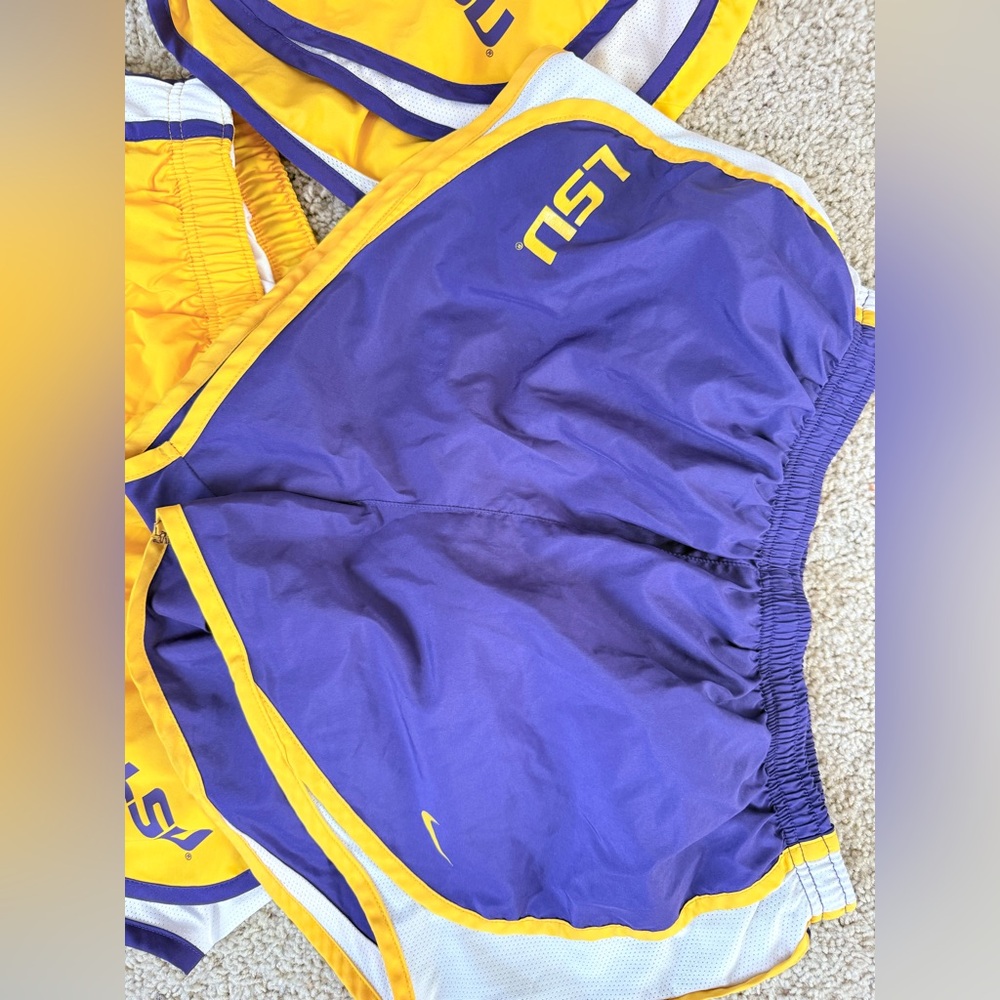 Nike Purple and Yellow LSU Athletic Shorts Trio -plus black Nike socks - Picture 3 of 7